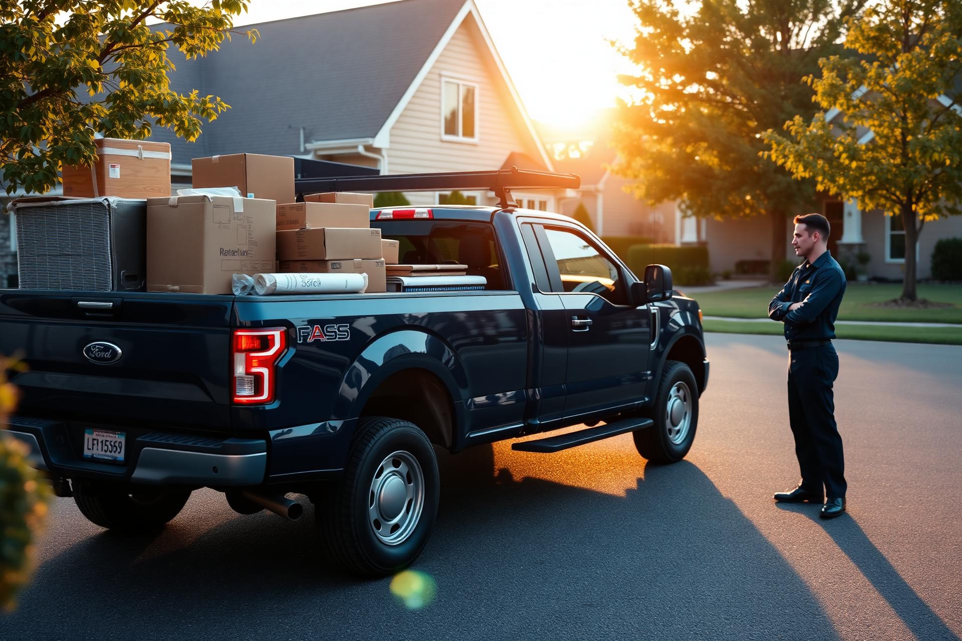 MacKenzie Services truck loaded for a job at sunrise